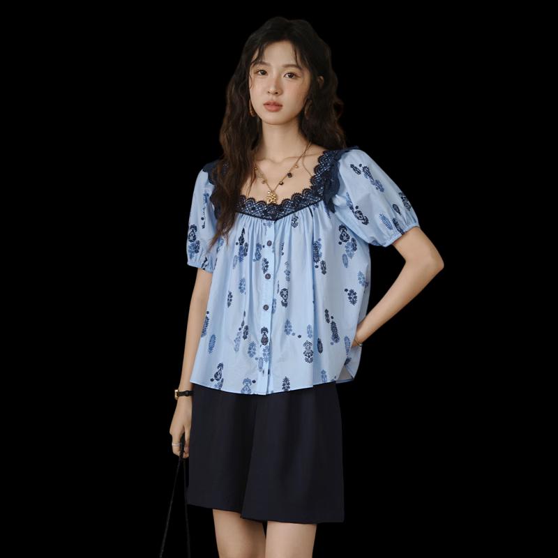 Mixiu Monet Blue Print Puff Sleeve Lace Cotton Blouse