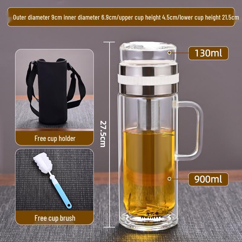 High Temperature Resistant Large Capacity Glass Tea Cup with Infuser, Double-Walled, Heat Insulated, and Portable Borosilicate Glass.