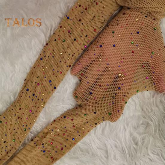 Women Sexy Pantyhose Shiny Rhinestone High Elasticity Anti-slip Ultrathin See-through Hollow Out Fishnet Soft Skinny Party Club Pantyhose