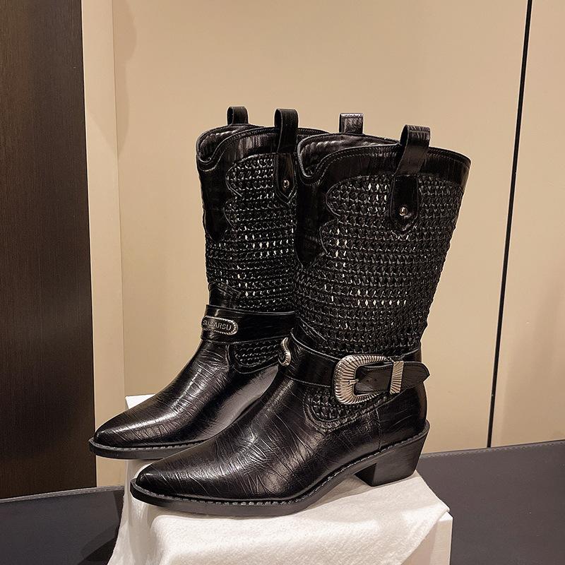 

Hollow woven cool boots women s 2025 summer new small height increase thick heel pointed short boots western wind knight boots 41 чёрный