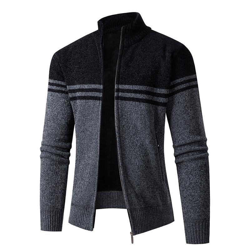Men's Color Block Stand Collar Knitted Cardigan - Autumn/Winter Plus Velvet Long-Sleeve Sweater