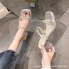Fairy wind high-heeled slippers female summer wear 2025 new transparent rhinestone one-word drag crystal thick-heeled cool slippers