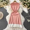 Spring Summer Beaded Knitted Mini Dress for Women Fashion Sleeveless Slimming Ruffle-Trimmed Sweater Dress