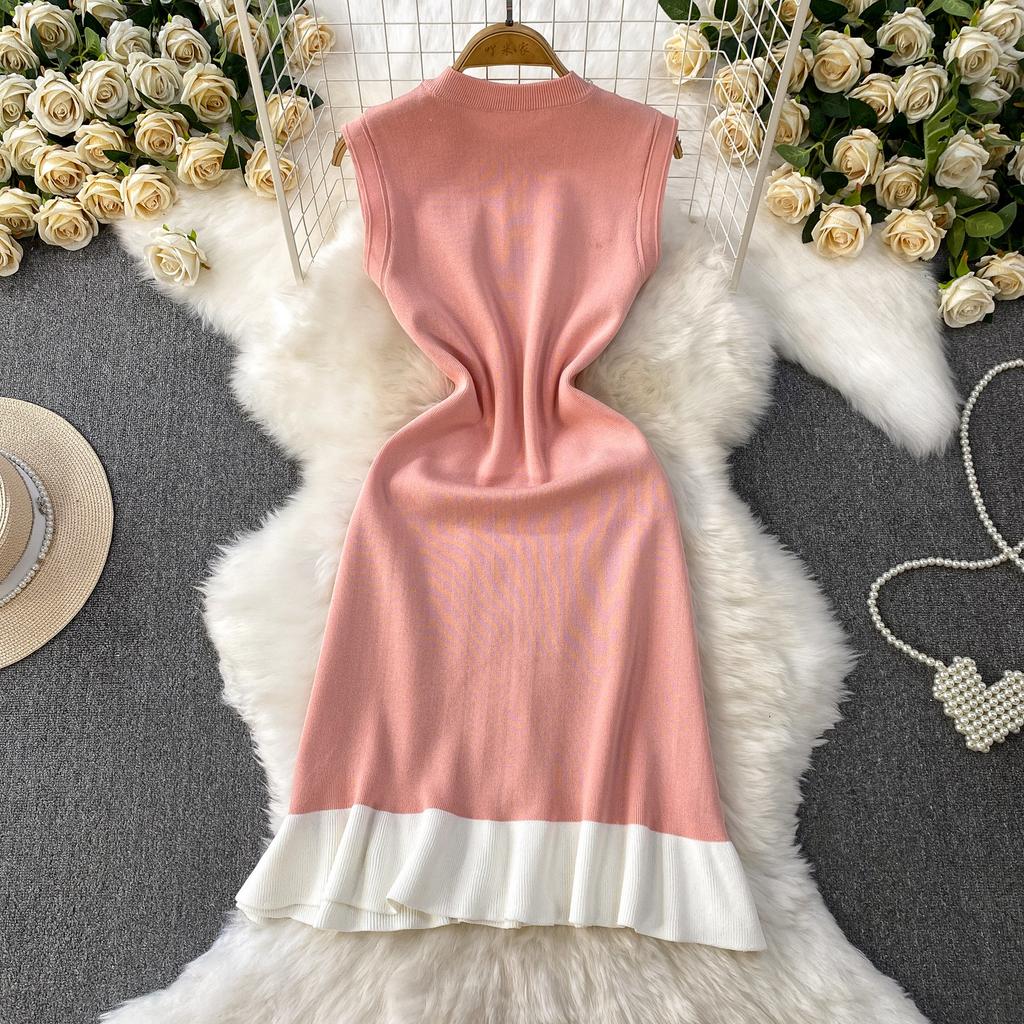 Spring Summer Beaded Knitted Mini Dress for Women Fashion Sleeveless Slimming Ruffle-Trimmed Sweater Dress