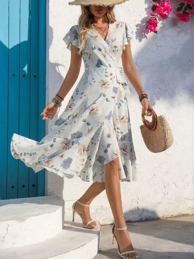 2025 European Summer Women's V-Neck Ruffle Dress with Digital Print