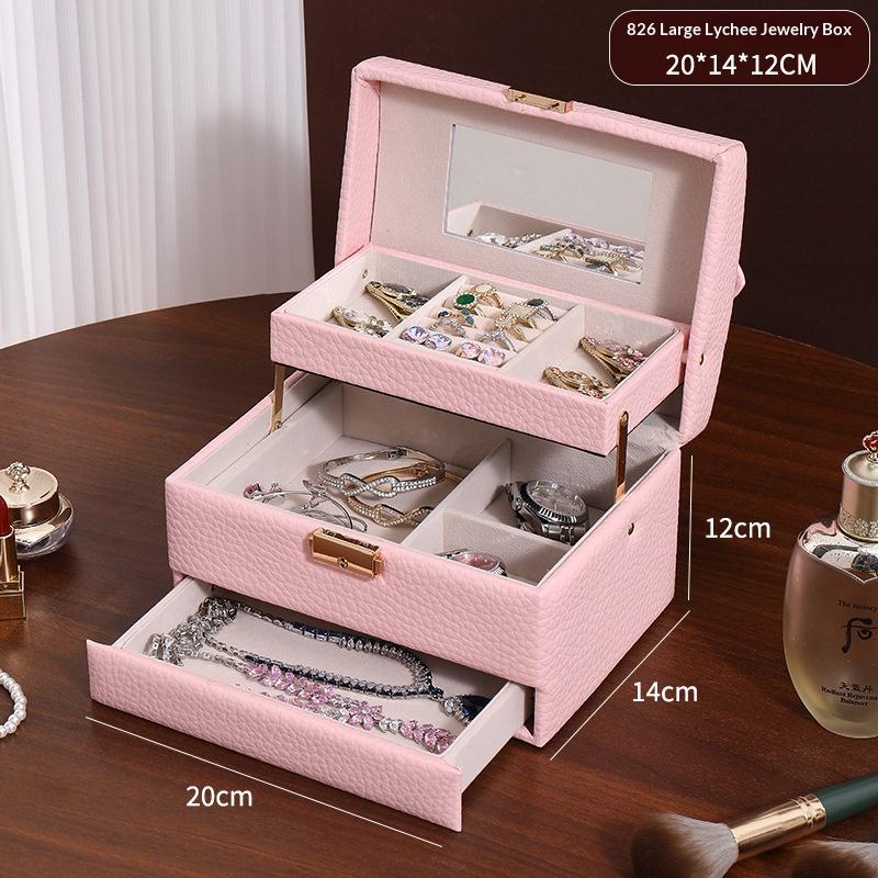 Minimalist High-end Jewelry Storage Box Pu Multi-layer Multi-function Large-capacity Jewelry Box with Mirror and Lock