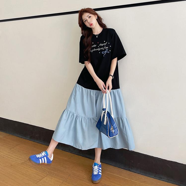 

Dimanaf 2025 Женское длинное платье Базовое винтажное летнее платье-рубашка с коротким рукавом Сращивающееся повседневное свободное платье больших размеров 3XL чёрный