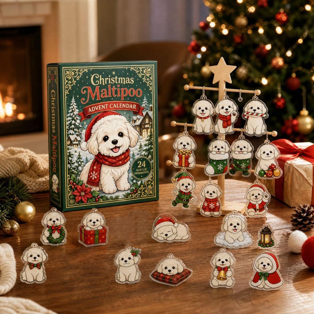 Calendario dell'Avvento di Natale per Cane Maltipoo con Cucciolo Carino Countdown Festivo Acrilico Regalo per Amanti dei Cani