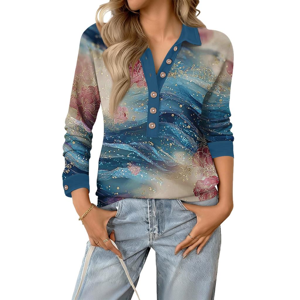 Damen Retro Street Lässiges V-Ausschnitt Langarm Knopf Floral Print Pullover Top