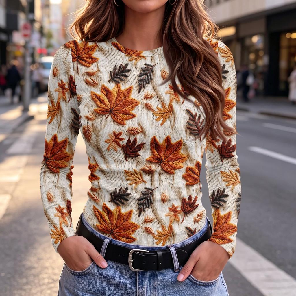 Women's Slim Fit Maple Leaf Print Long Sleeve Round Neck T-Shirt for Fall Casual Wear