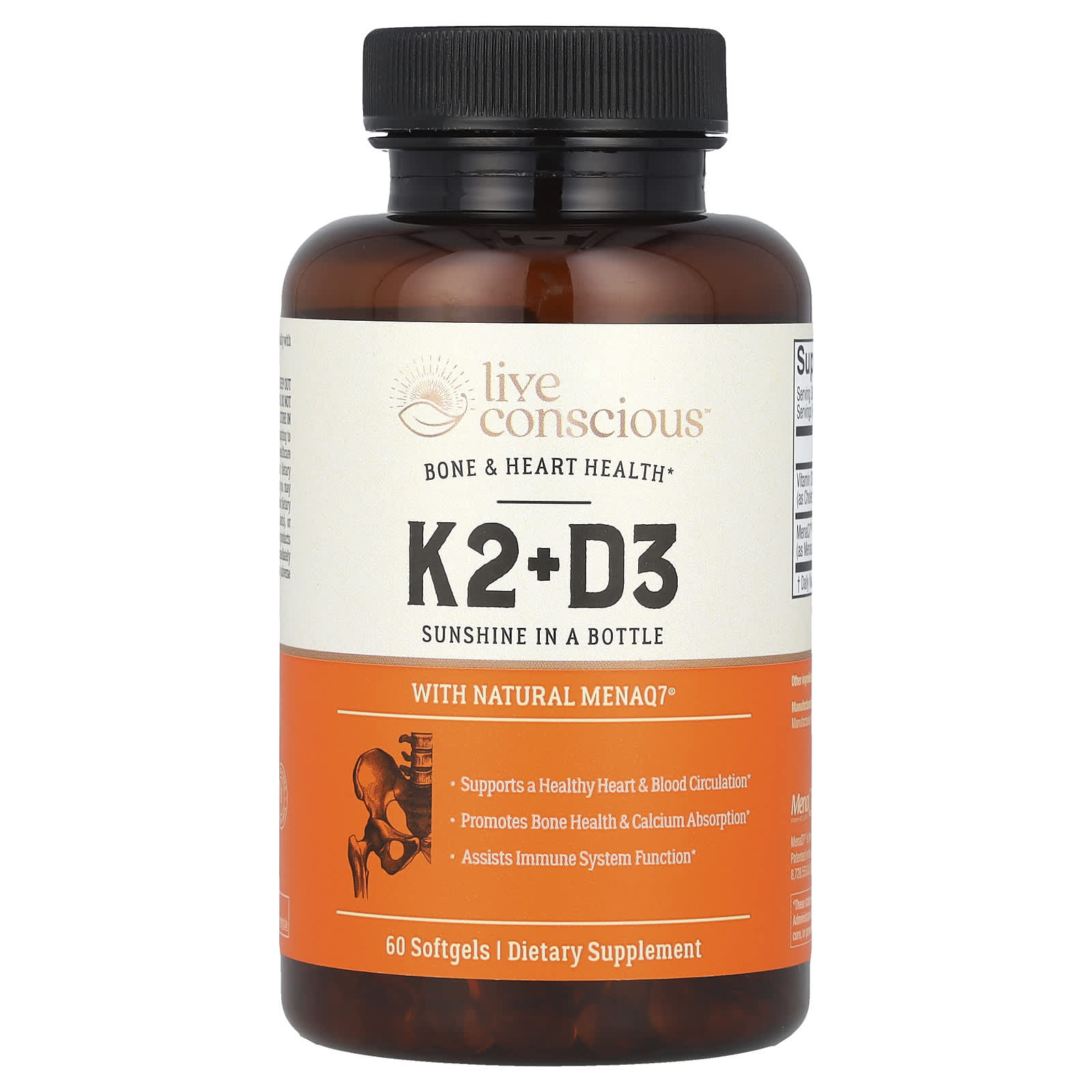 

Live Conscious, K2+D3, Bone & Heart Health, 60 м’яких капсул