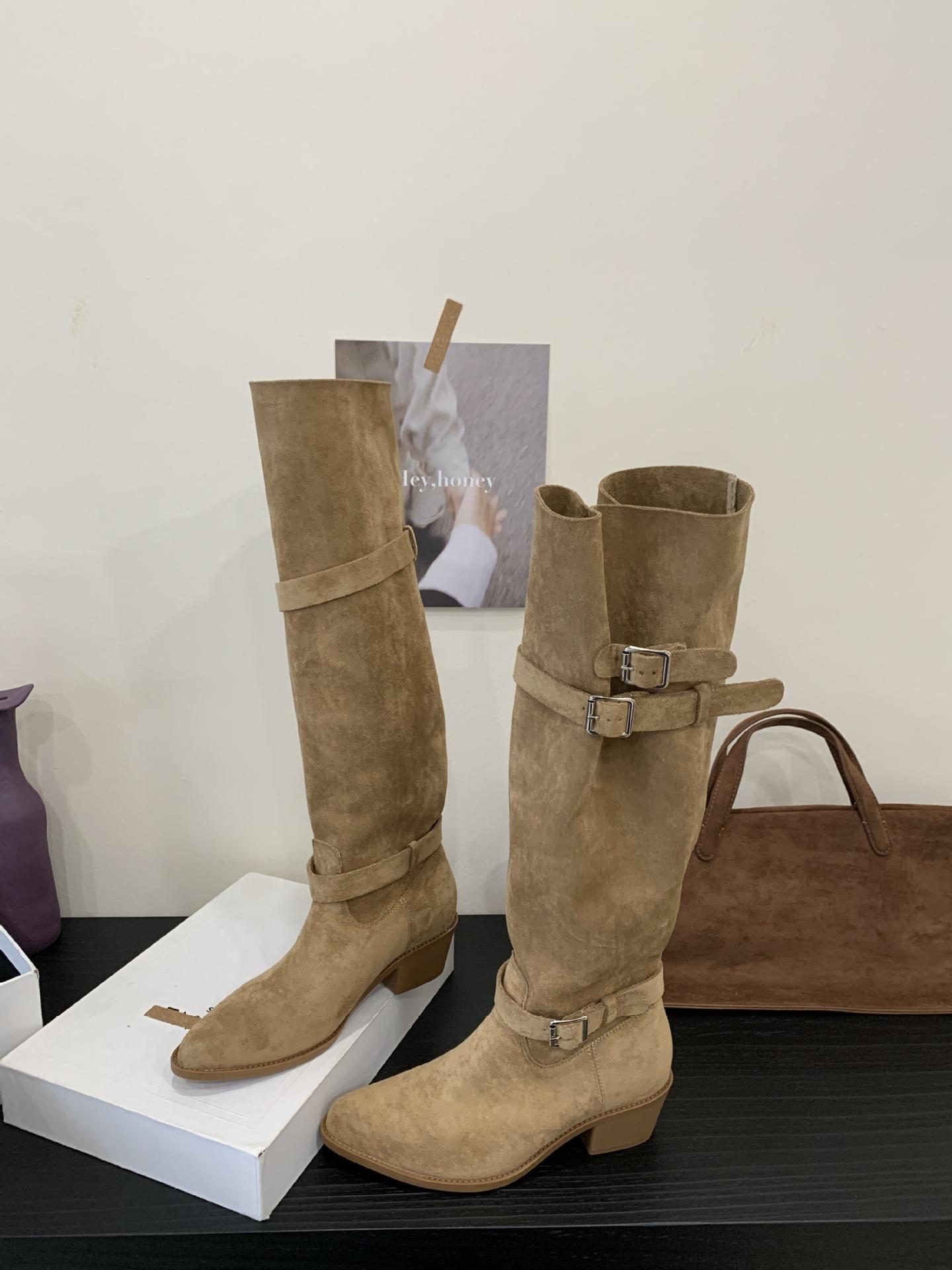 

2025 new fashionable retro pleated boots women s high boots but knee stacking boots western style cowboy boots 40 темного кольору хакі