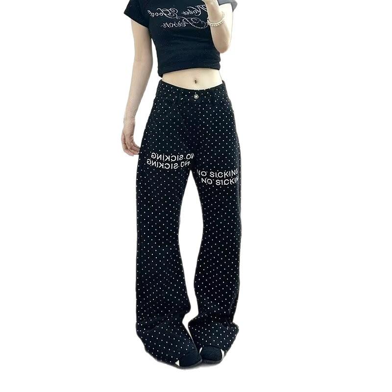 Dark Polka Dot Straight Leg Jeans Women 2026 Premium Black Denim Pants Trendy