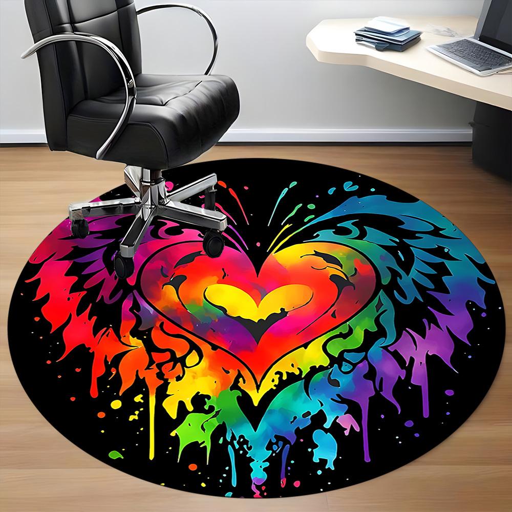 1PC Heart Rainbow Office Round Area Rug, Mat Suitable ForOffice, Under Office Chairs Bedroom Living Room Home Decor, Room Deco