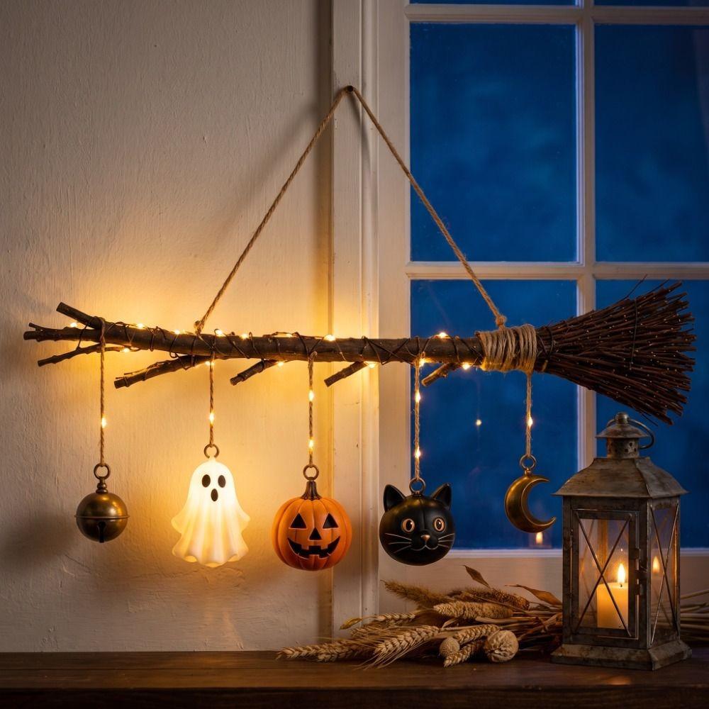 Glowing Halloween Wall Art LED Lighted Glowing Broom Ghost Halloween Props Haunted House