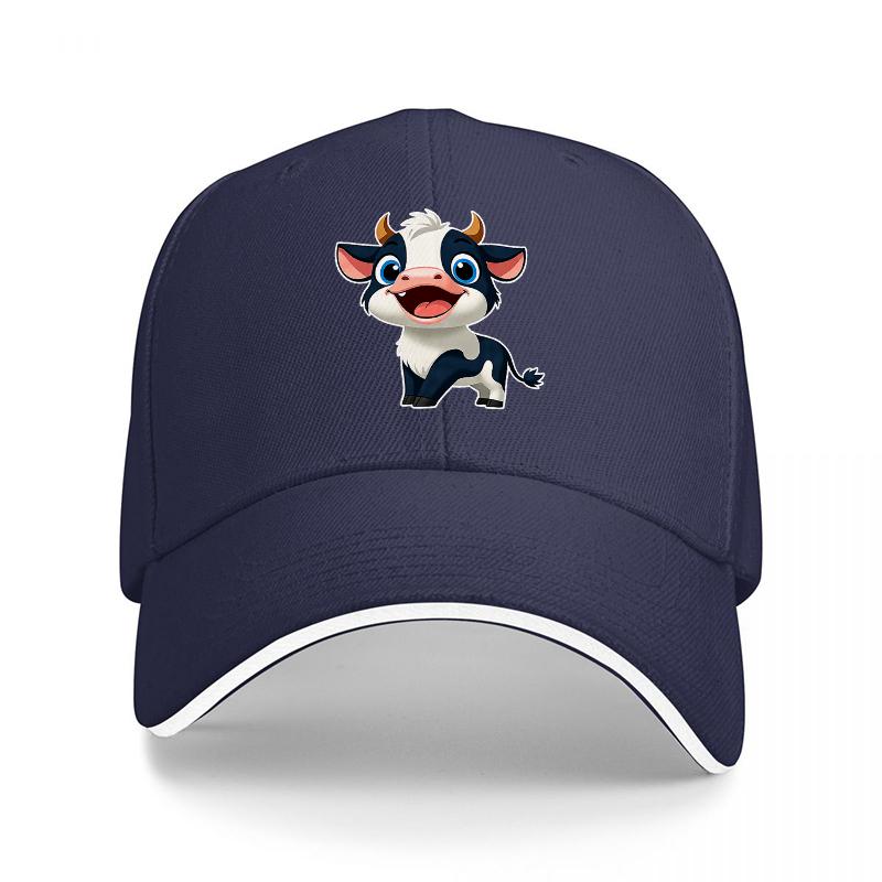 Cute Cow Cartoon Character Baseball Cap Black Adjustable Hat for Adults Fashionable Animal Design Unisex Streetwear Accessory