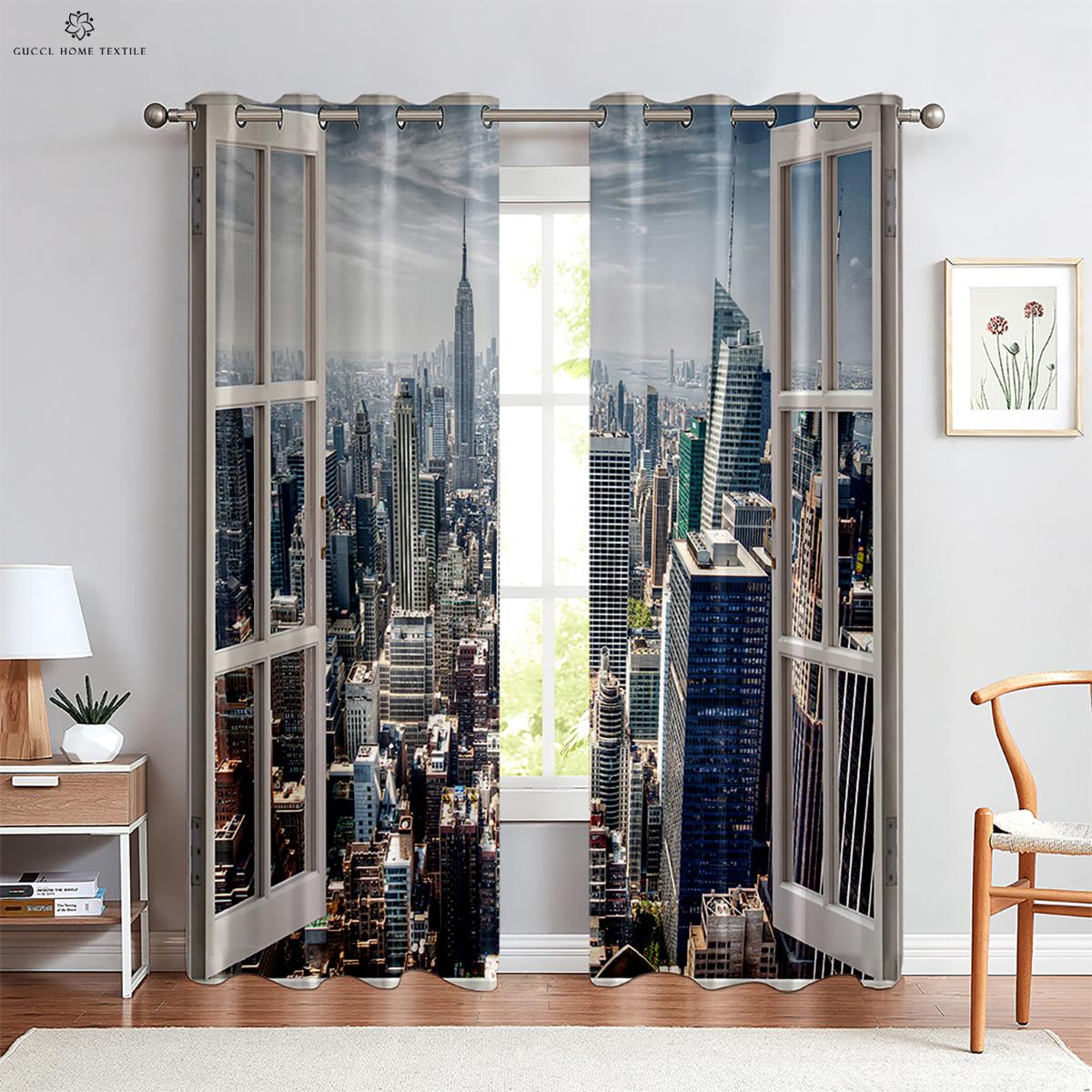 

Real Effect Elegant Three D Printed Drapes Curtains with Seaside Scenery Blue Sky Pattern Outside the Window Decorationation W50xH130(CM)x2PCS&Rod pocket