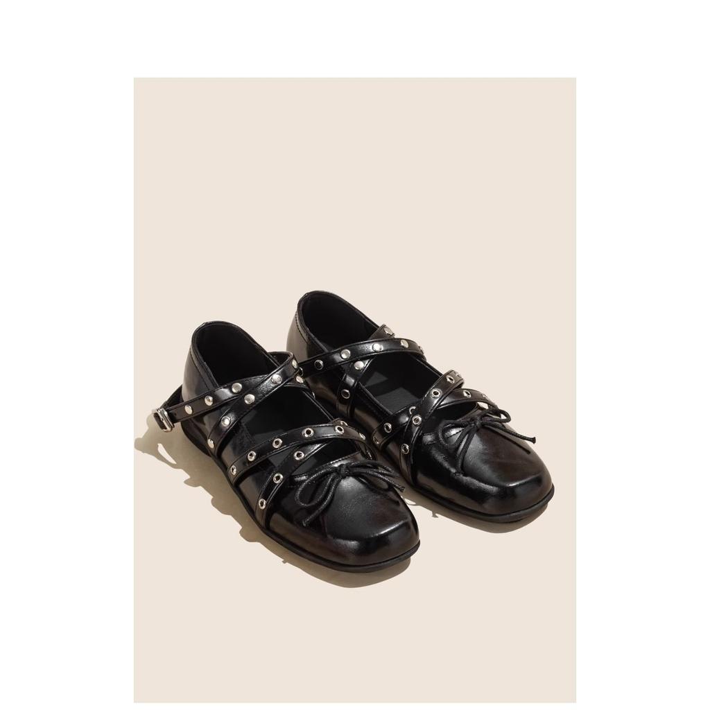 Rote gekreuzte Riemchen Schleife bequeme weichsohlige Einzelchuhe Damen 2025 neu Herbst flacher Mund Nieten flachsohlige Ballerinas