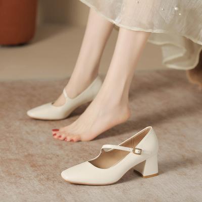 Mary Jane Women'S Shoes New Spring Versatile Fashion Square Head Medium Heel Light Mouth Thick Heel British Style Women'S Shoes