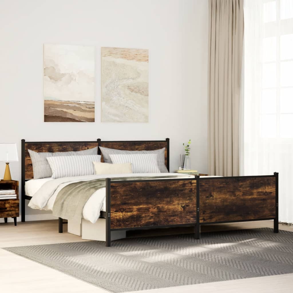 Metal Bed Frame Without Mattress Smoked Oak Finish 200 X 200 Cm