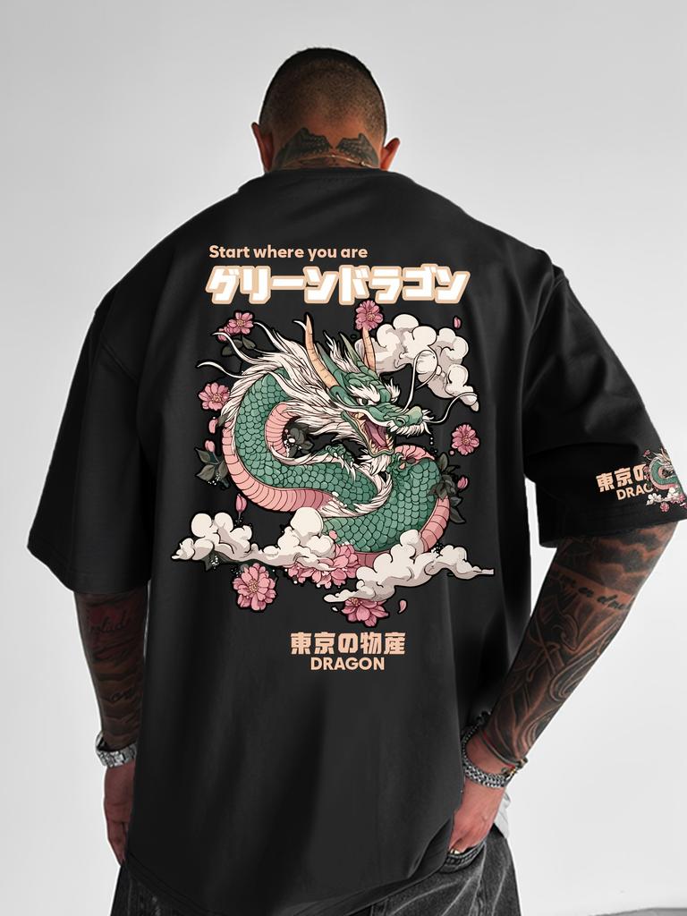 Japanese Green Dragon Cherry Blossom Print on Premium Soft 100 Cotton Unisexs T Shirt Perfect for Summer Casual Streetwear Style