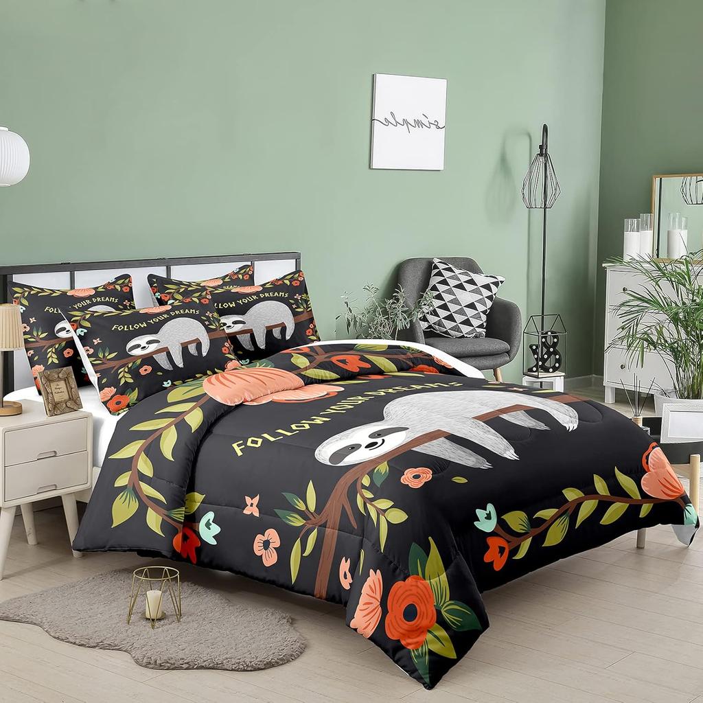 Comforter Sloth Comforter Bedding Set Twin For Boys Girls 3D Cute Sloth In Energy Saving Mode By Huging Trees Sleeping Soft Microfiber