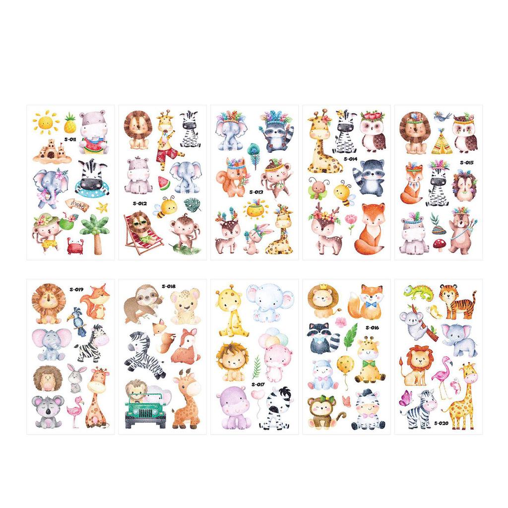 10PCS Tattoo Sticker Fake Tattoo Cute Watercolor Animal Cartoon Glitter Waterproof Safe Temporary Tattoo for Age 3 Above