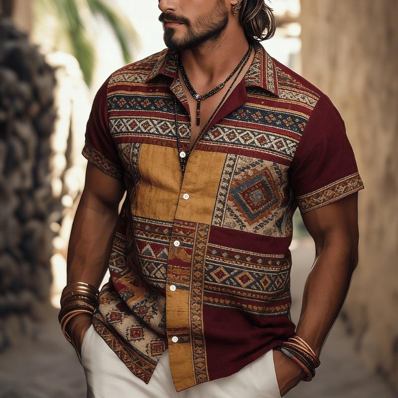 Herren Ethnisch Stammes Geometrischer Print Kurzarmhemd, Vintage Muster Knopfleiste für Frühling Sommer Freizeit
