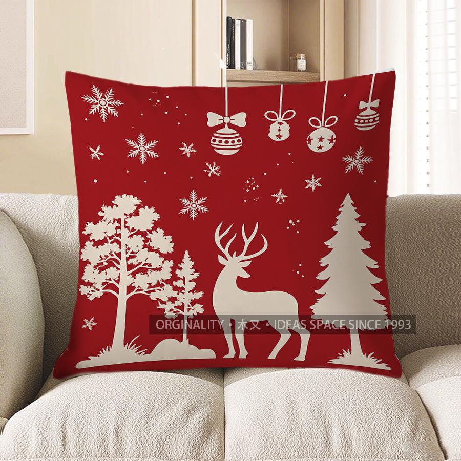 Home Decor Christmas Red Pillow with Deer and Snowflakes Pattern Cushion Cover Suitable for Sofa Bedroom Car Pillow Cover