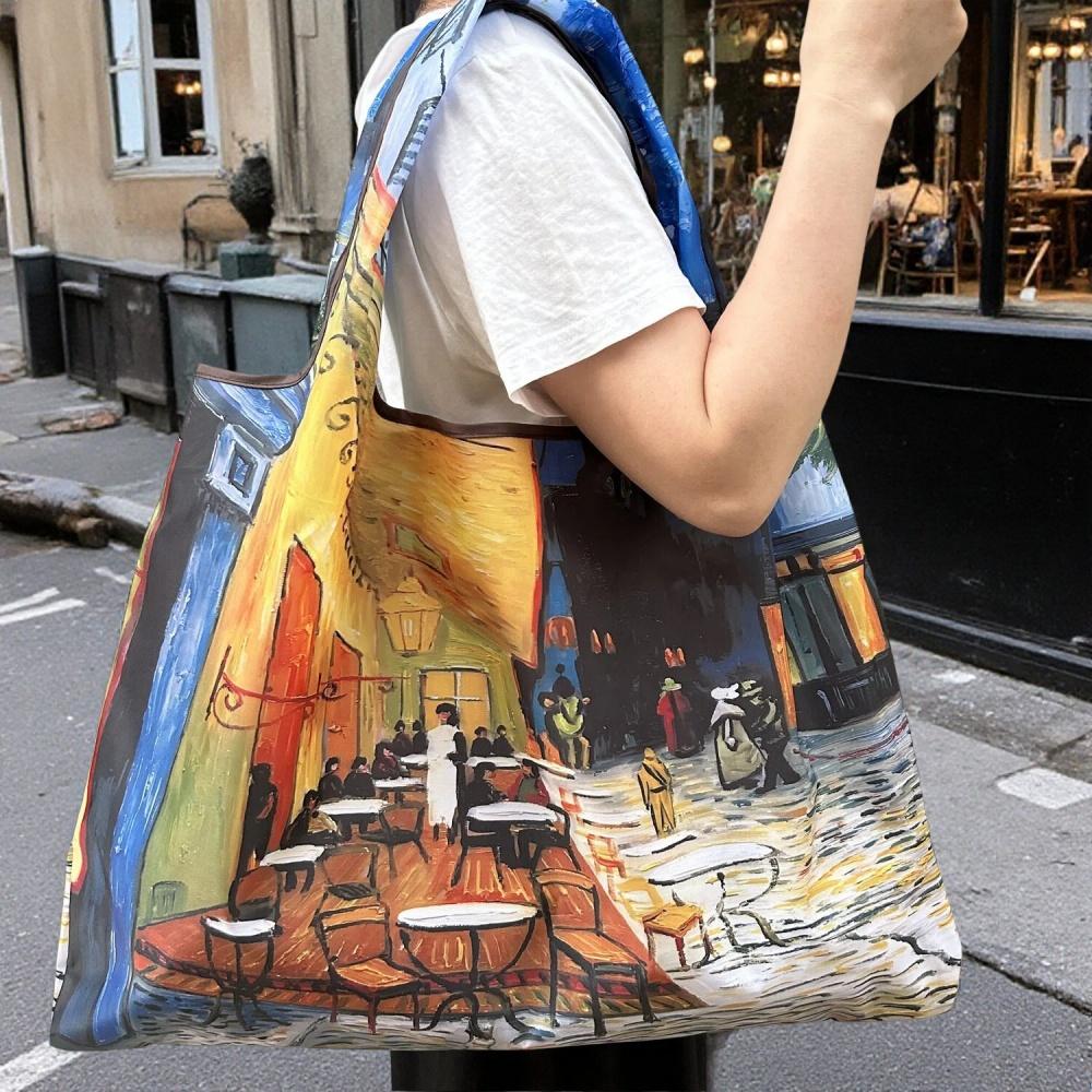 Large Foldable Shopping Bag Fashion Oil Painting Reusable Grocery Storage Bag Oxford Portable Shoulder Handbag Tote Bag