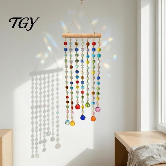 Crystal Bead Window Decoration Suncatchers, Crystals Hanging Suncatcher, Colorful Glass Beads Chain Natural Wood Art Wind Chimes for Garden