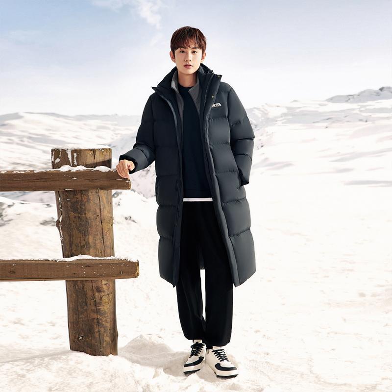 Anta Letter Zipper Hooded Long Snow Shell Down Jacket Men Outerwear Basic-Black 952348902-2