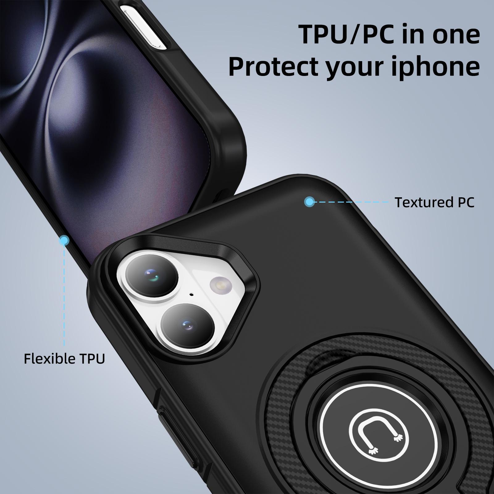 

For iPhone 16 Case TPU+PC Magnetic Car Mount Phone Cover with Ring Kickstand Black