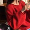Curled Solid Color Gentle Loose Knitted Top Versatile Lazy Soft Waxy Low Round Neck Pullover Sweater Women