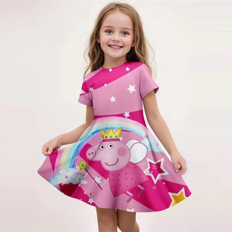 Summer Kids Girls Casual Dress Peppa Pig Cute Cartoon Print Loose Fit Soft Breathable Lightweight Beach Sundress
