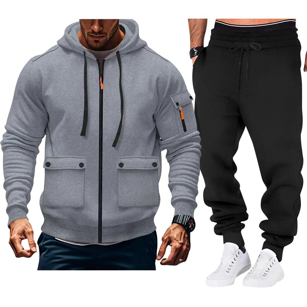 Men'S Hoodie Multi Pocket Hooded Long Sleeved Casual Sports Two-Piece Set
