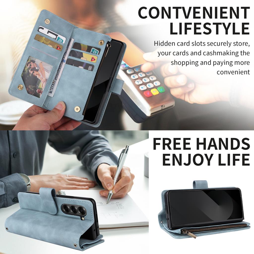 Premium Leather Business Phone Case For Samsung Galaxy Z Fold 7 Zipper Wallet Card Slots Magnetic Flip Cover For Z Fold 6 5 4 3