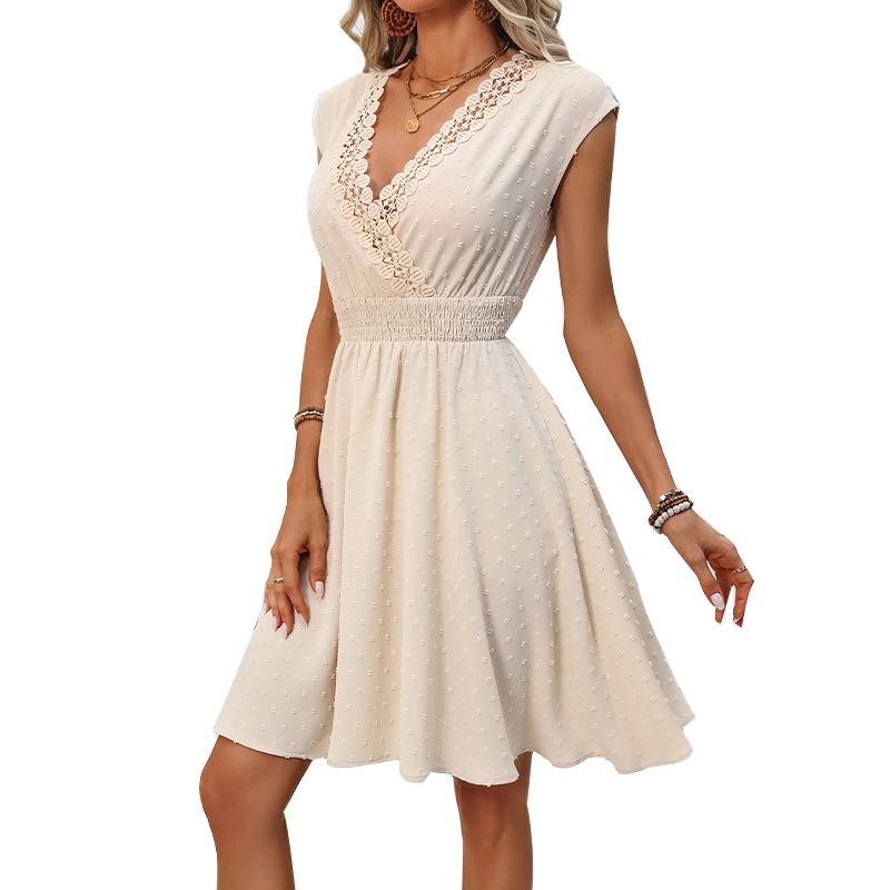 Summer V-neck Sleeveless Lace Fashion Dress Hollow Out Elegant Slim Fit Party A-line Dress Female Loose Casual Simple Solid Color Pleated Clothing
