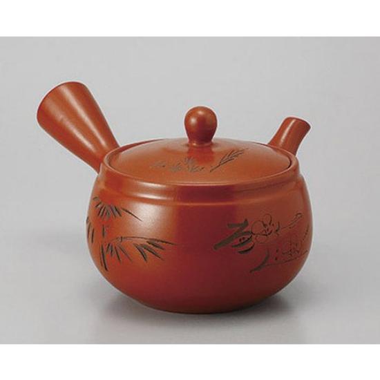Red Clay Teapot with a Floral Design and a Mesh Sash [640cc]. Perfect for Restaurants, Inns, and Other Food Service Establishments.
