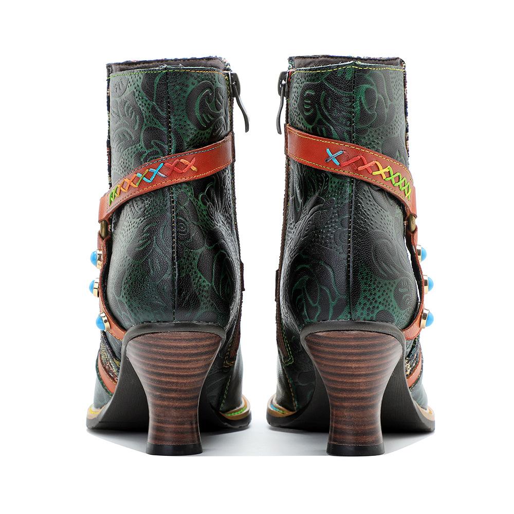 Johnature Genuine Leather Boots Fashion Women High-heeled Shoes Retro Rivet Patchwork Short Boots