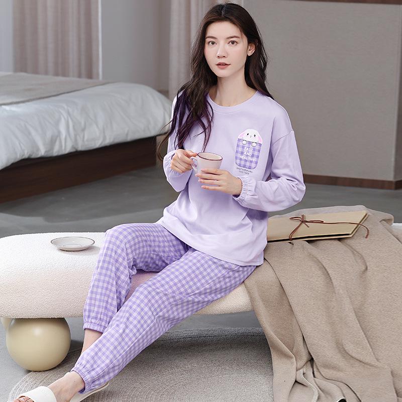 Aifen Teng Women's Pajamas Set: Pure Cotton, Long Sleeve, Long Pants, Casual Home Wear, Suitable for Spring, Autumn, and Winter.