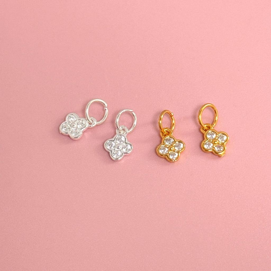 S999 Sterling Silver & 18K Gold Inlaid CZ Four-Leaf Clover Charm for DIY Bracelet/Necklace Beading & Weaving