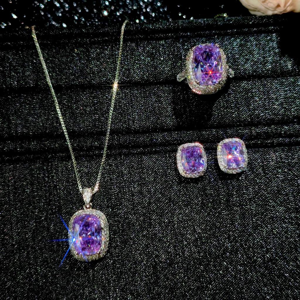2026 Heavy Industry Long Pillow Nest Cut Purple Lithium High Carbon Diamond Open Ring Pendant Necklace Earrings