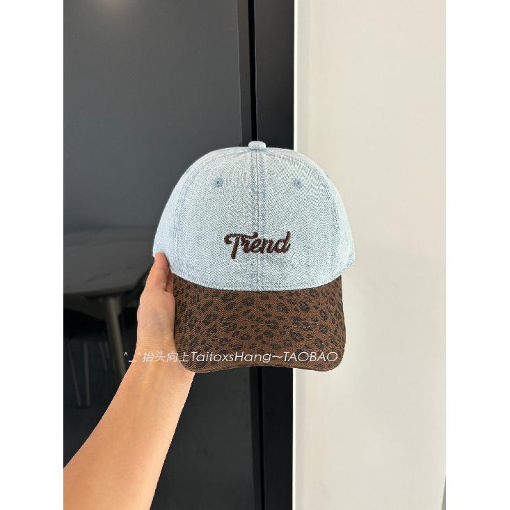 Leopard print denim patchwork baseball cap for women, large head circumference, wide brim, duckbill style