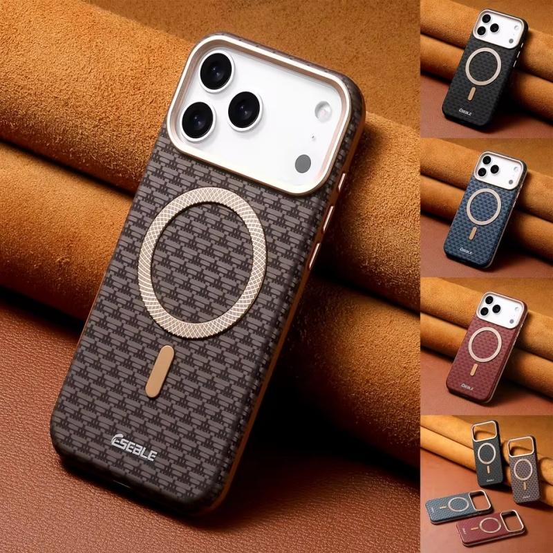 Luxury Business Bitmap Leather Magnetic Phone Case For iPhone 17 16 15 14 13 Pro Max 17Pro 17Air Metal Lens Button Bumpe Cover