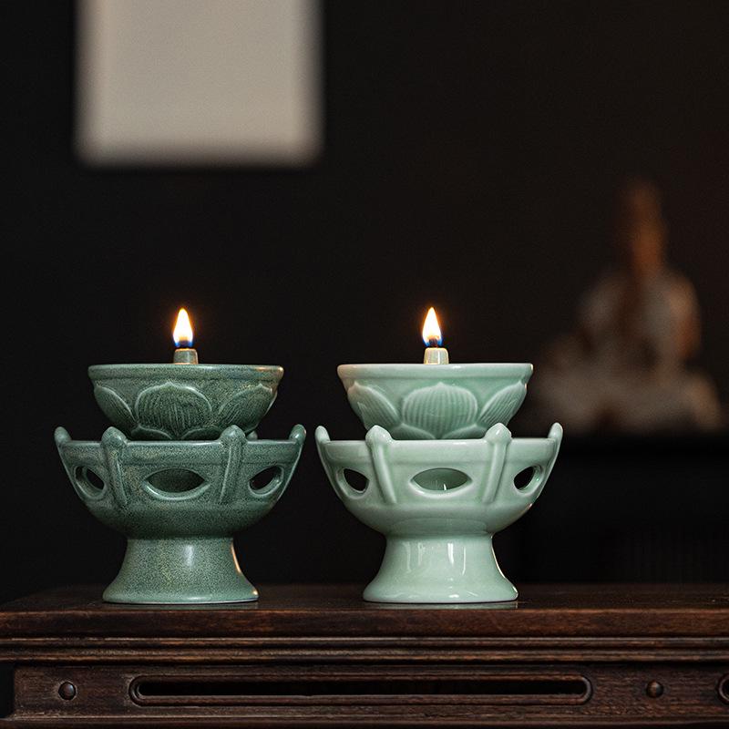

Chinese Ceramic Retro Celadon Oil Lamp Candlestick for Buddhist and Household Altars