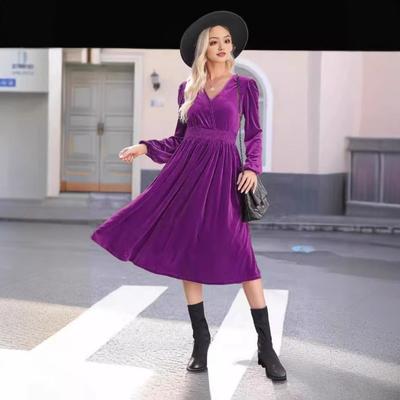 Autumn and Winter Solid Color Outside Long-sleeved Dress Commuter V-neck Pleated High-waisted Dress
