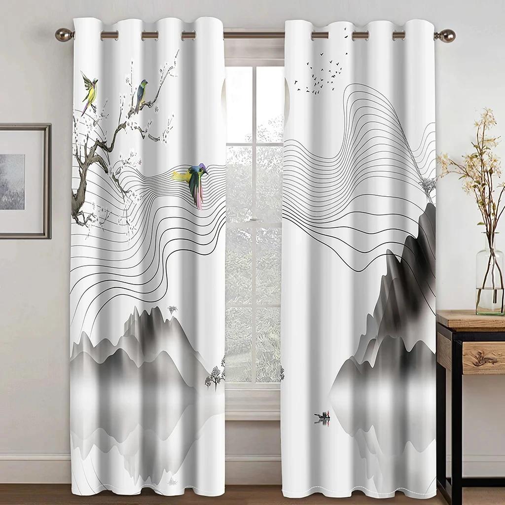 Japanese Style Chinese Painting Landscape Cloud High Shading Curtain for Bedroom Living Room Hotel Window 2 Pcs Blackout Drape