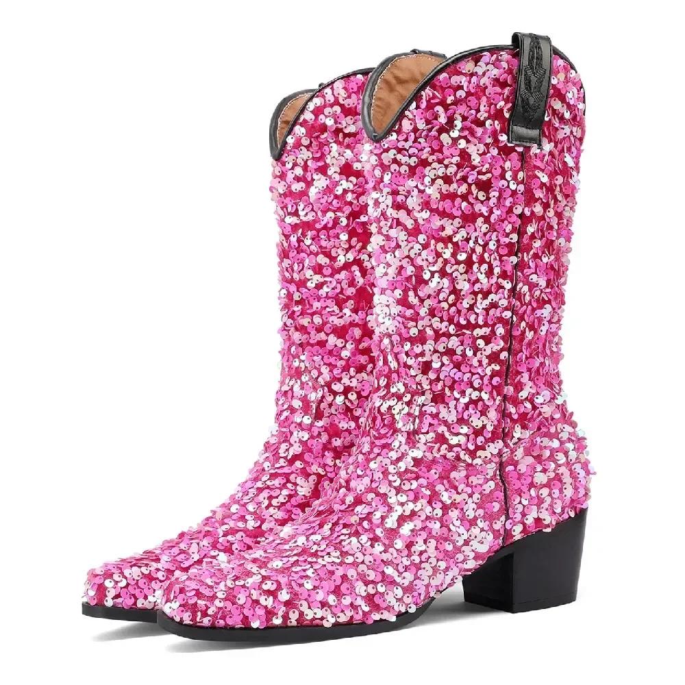 Bling Gold Sequined Cloth Western Cowboy Mid-calf Boots for Women High Block Heel Pointed Toe Cowgirl Slip-on American Half Boot