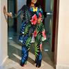 Women Plus Size Three Quarter Sleeve Round Neck Irregular Hem Printed Top Wide Leg Pants Two Piece Set